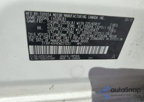 2012 Toyota Rav4 Limited z USA, uszkodzony, nr VIN 2T3DF4DV9CW221223